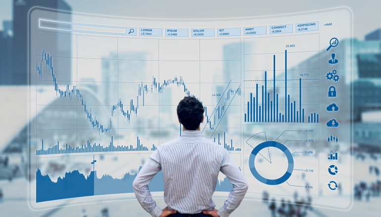Finance trade manager analysing stock market indicators for best investment strategy, financial data and charts with business buildings in background