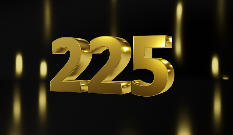 Number 225 in gold on black and gold background, isolated number 3d render