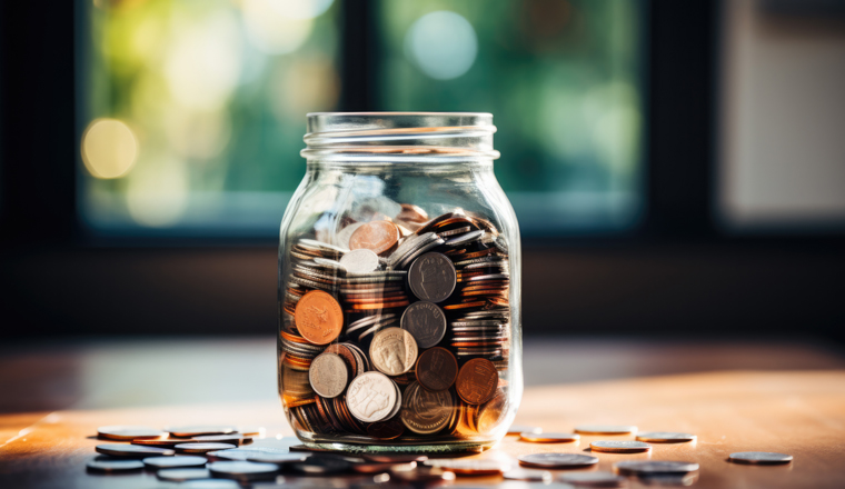 A transparent glass with coins in it and a few coins lying next to it on the table