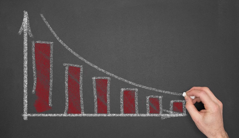 A hand drawing a business graph with declining figures on a chalkboard.