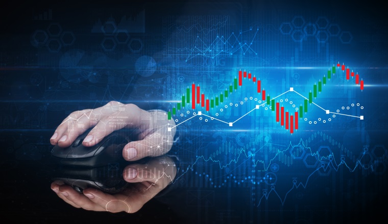 Hand using wireless mouse with statistical concept on dark background