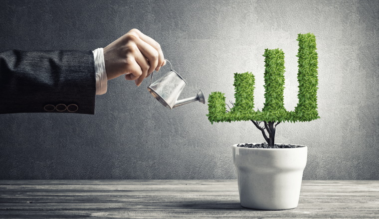 Hand of woman watering small plant in pot shaped like growing graph