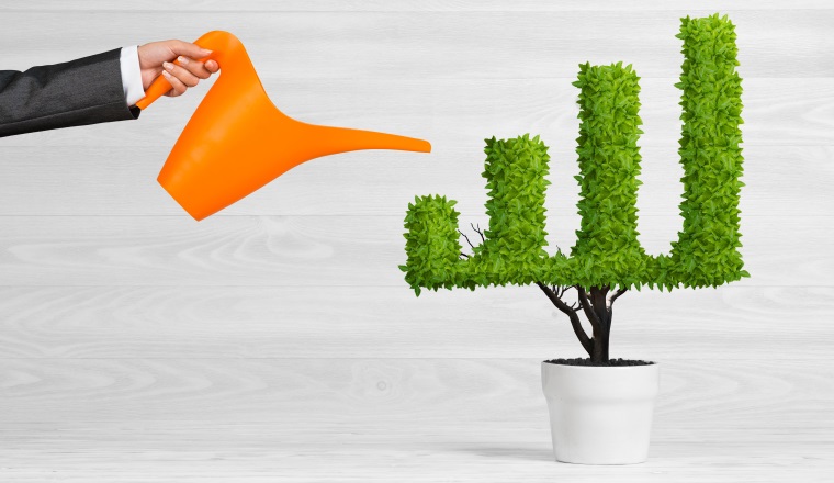 Hand of woman watering small plant in pot shaped like growing graph
