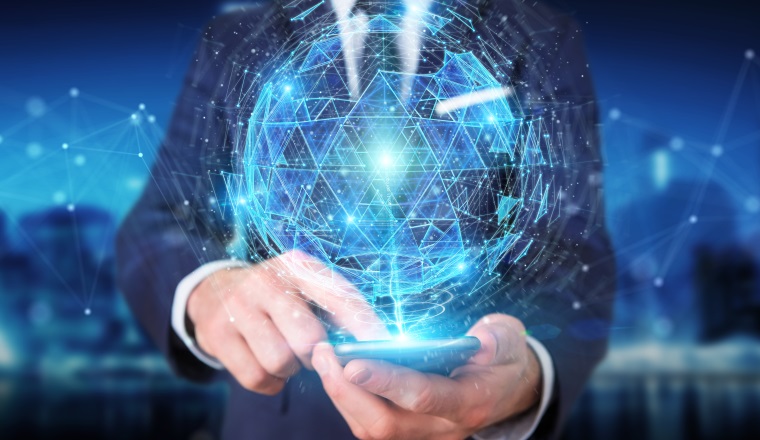 Businessman on blurred background using digital triangle exploding sphere hologram 3D rendering