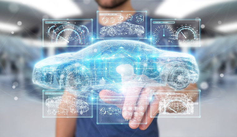 Businessman on blurred background modern smart car interface 3D rendering