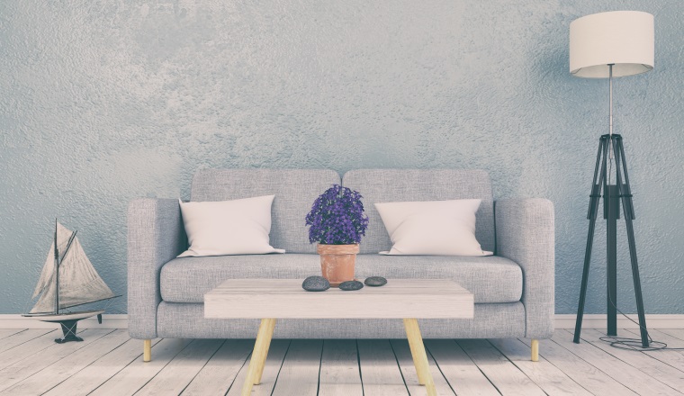 Skandinavisches, nordisches Wohnzimmer - Sofa - Couch - Textfreiraum - Platzhalter - maritime Dekoration - Retro Look