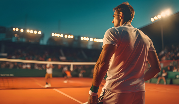 Back view young man playing tennis on the outdoor tennis court. sport concept