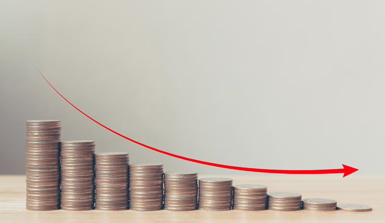 Coin stack step down graph with red arrow, Risk management business financial and investment, Copy space