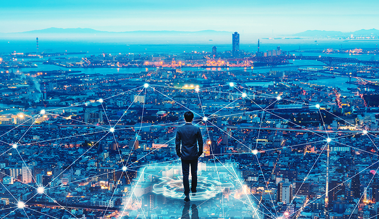 Business technology concept, Professional business man walking on future network city background and futuristic interface graphic at night, Cyberpunk color style