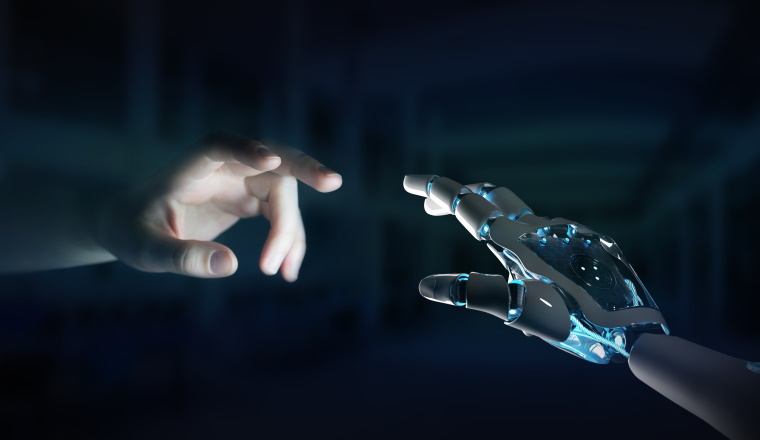 Robot hand making contact with human hand on dark background 3D rendering