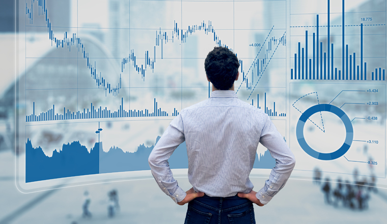 Finance trade manager analysing stock market indicators for best investment strategy, financial data and charts with business buildings in background