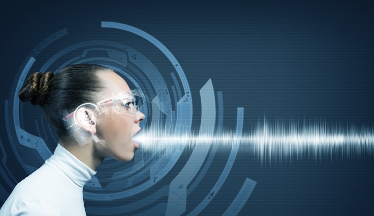 Young woman wearing headphones on digital blue background