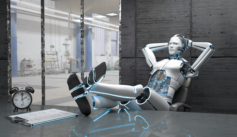 Relaxing white robot in the break room. 3d illustration.
