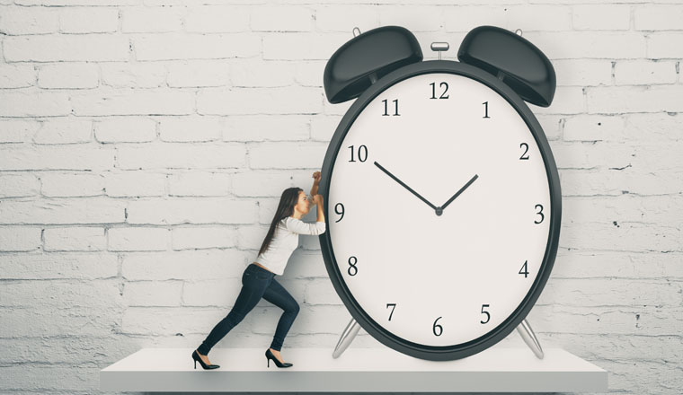 Abstract image of young woman pushing huge alarm clock placed on white shelf. Brick wall background. Time management concept. 3D Rendering