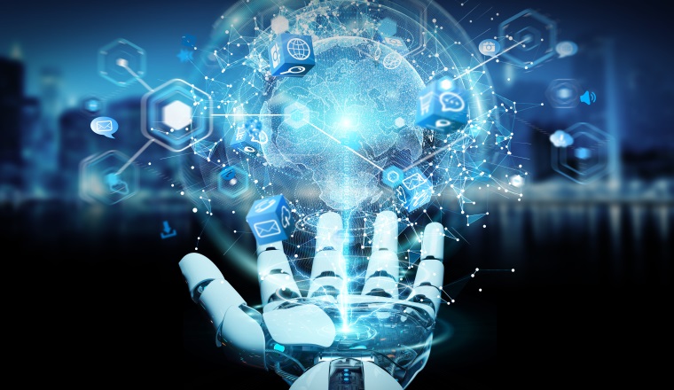 White robot hand on blurred background using digital screen interface 3D rendering