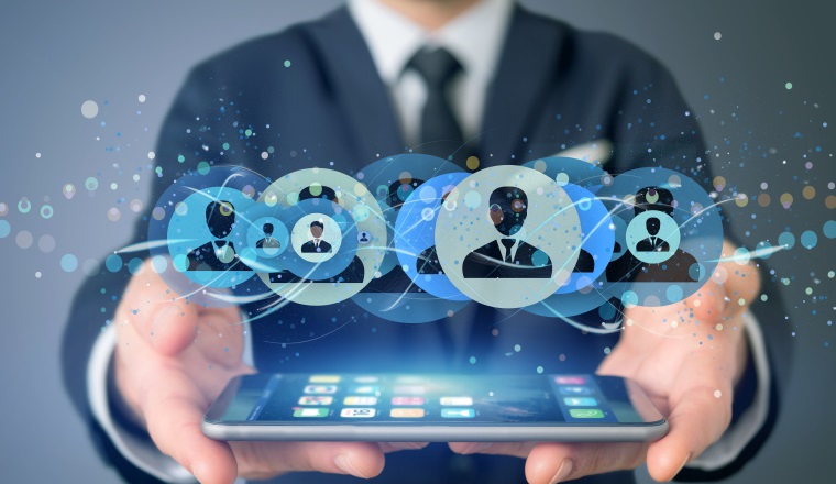 View of a Man holding a Professional contact network concept 3d rendering