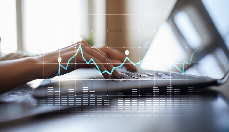 Diagrams and graphs on virtual screen. Business strategy, data analysis technology and financial growth concept.