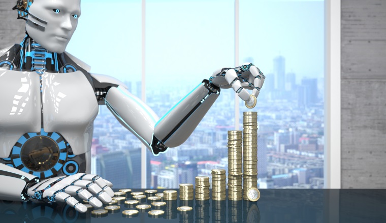 A white robot stacks euro coins into a growth chart. 3d illustration.