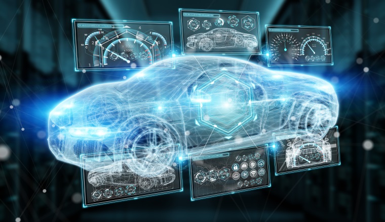Modern digital smart car interface isolated opn blue background 3D rendering