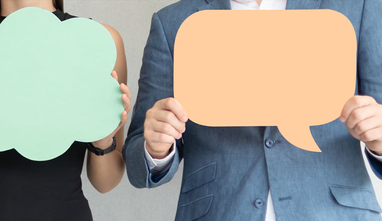 Group of Business People holding blank colorful Speech Bubbles. Banners, Panoramic, Web.