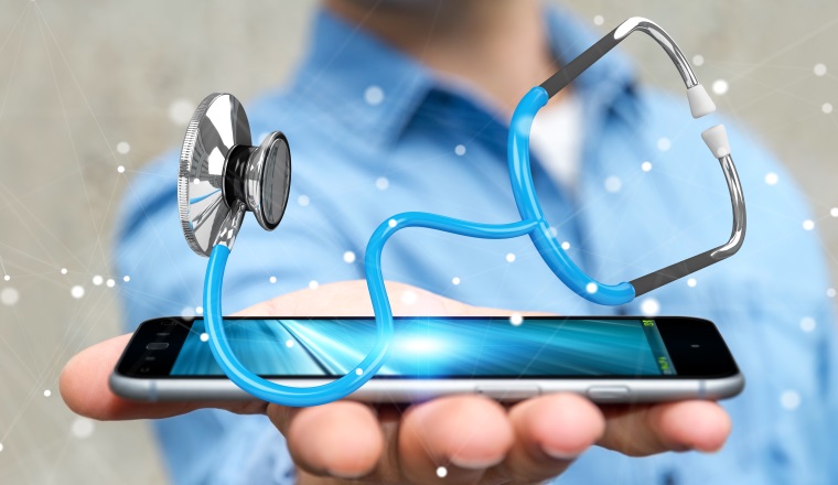 Businessman on blurred background holding and touching floating stethoscope 3D rendering