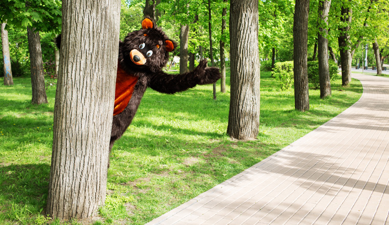 actor dressed as bear peeking out from behind a tree in a park with lots of trees and stone path