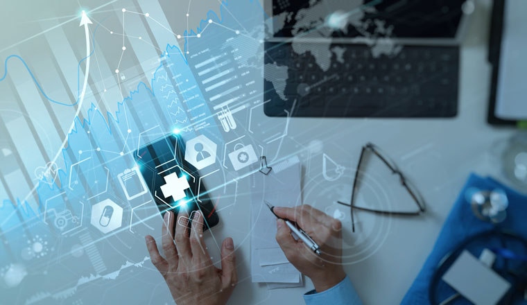 Healthcare and Medical business vitual graph data and growth with Medical examination and doctor analyzing medical report network connection on smartphone. 