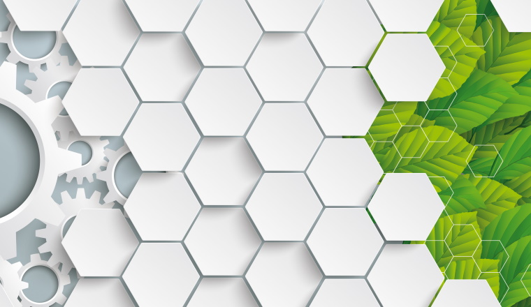 Eco industry banner with gears, green leaves and hexagons on the gray background. Eps 10 vector file.
