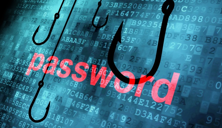 The word password hooked by fishing hook, information security concept 
