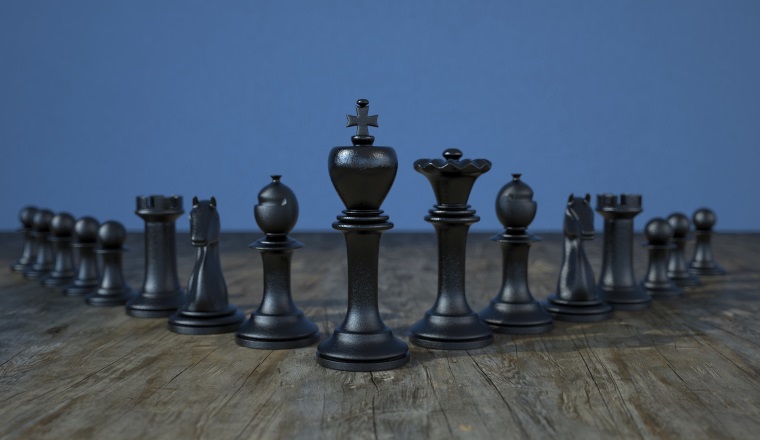 Black chess pawns on the wooden table. 3d illustration.