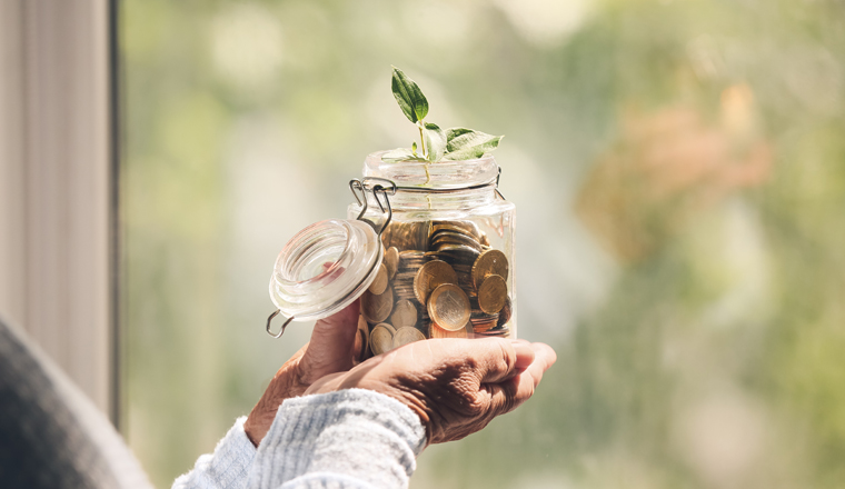 Senior woman with savings and young plant in jar near window at home. Concept of pension