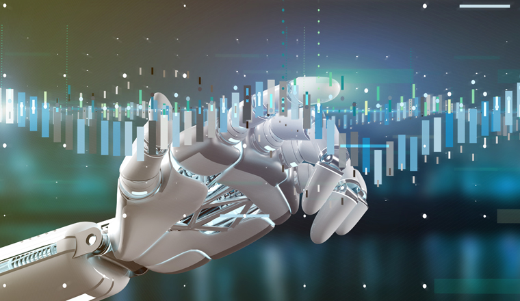 View of a Cyborg hand holding a Business stock exchange trading data information 3d rendering